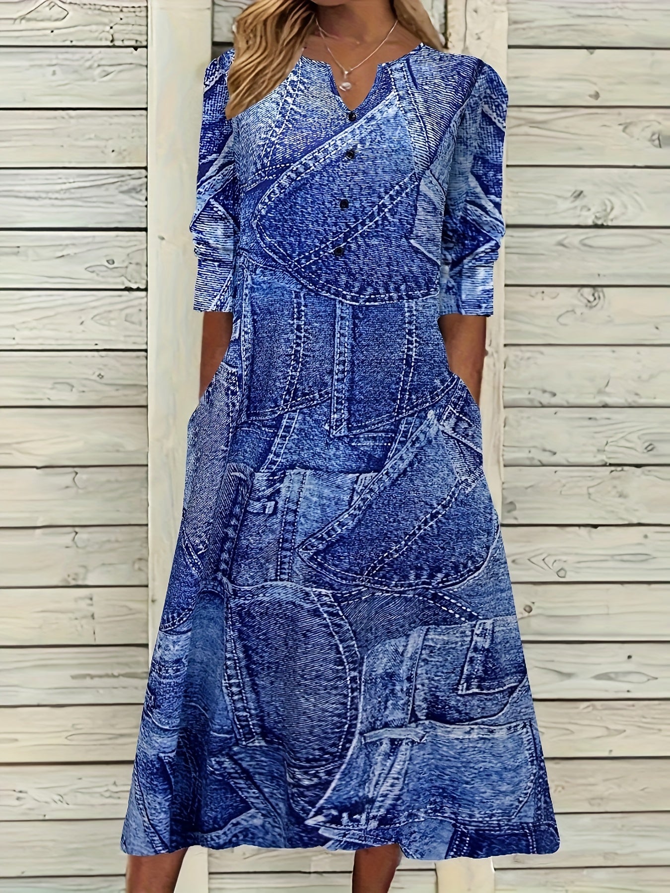 Denim Print Button Decor Long Sleeve Dress With Pockets