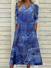 Denim Print Button Decor Long Sleeve Dress With Pockets