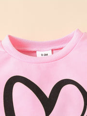 2pcs Baby Girls Heart Print Pink Sweatshirt & Sweatpants
