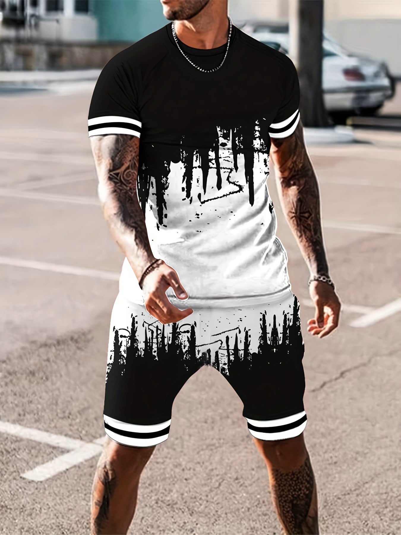 Men's 2Pcs Outfits 3D Print Short Sleeve T-shirt & Drawstring Shorts Set