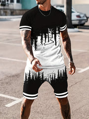Men's 2Pcs Outfits 3D Print Short Sleeve T-shirt & Drawstring Shorts Set