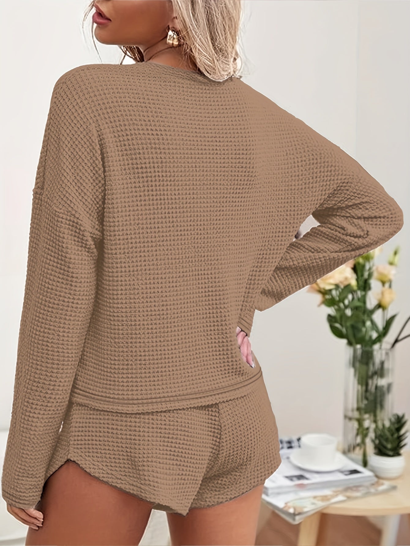 Solid Casual Two piece Set Long Sleeve Top & Drawstring Shorts Outfits