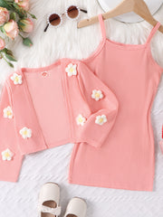Toddler Girl's 2pcs Knitted Floral Cardigan & Ribbed Sundress Set