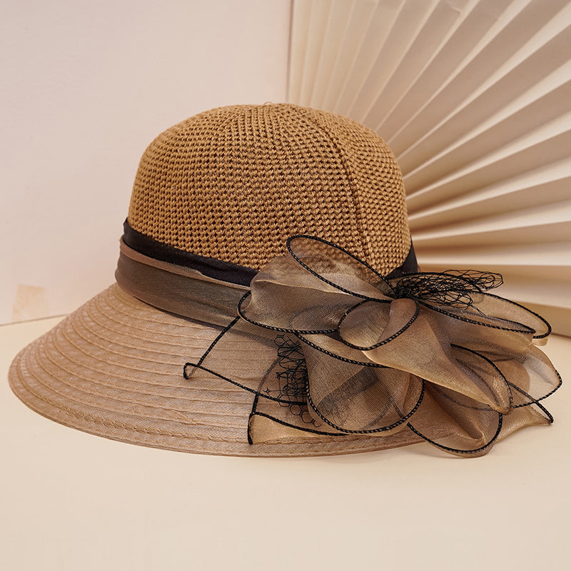 Women's Wide Brim Straw Derby Hat Floral Fascinator