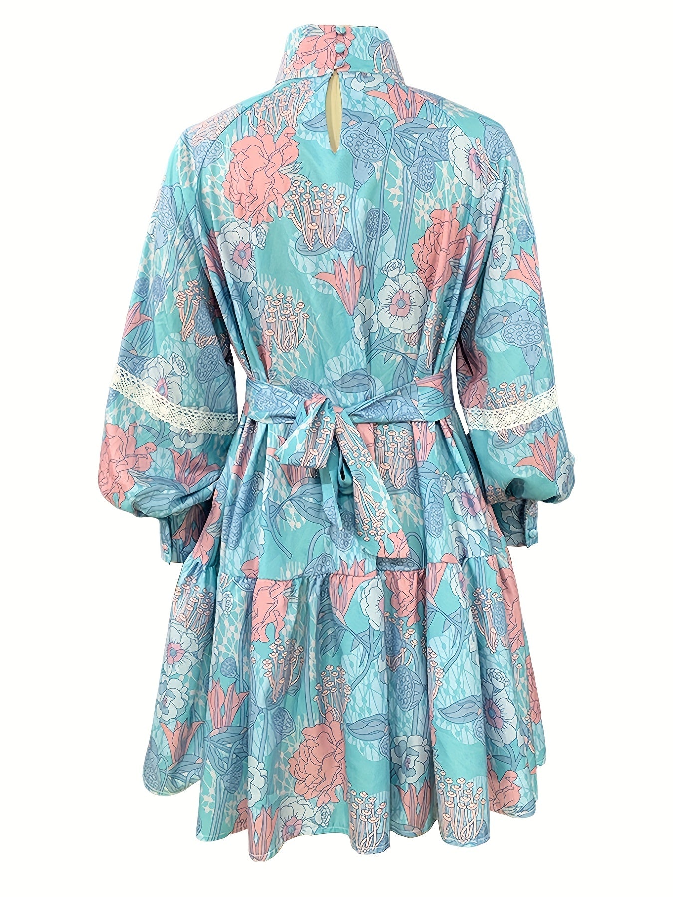 Floral Print Button Front Dress Pleated Long Sleeve High Collar Summer Dress