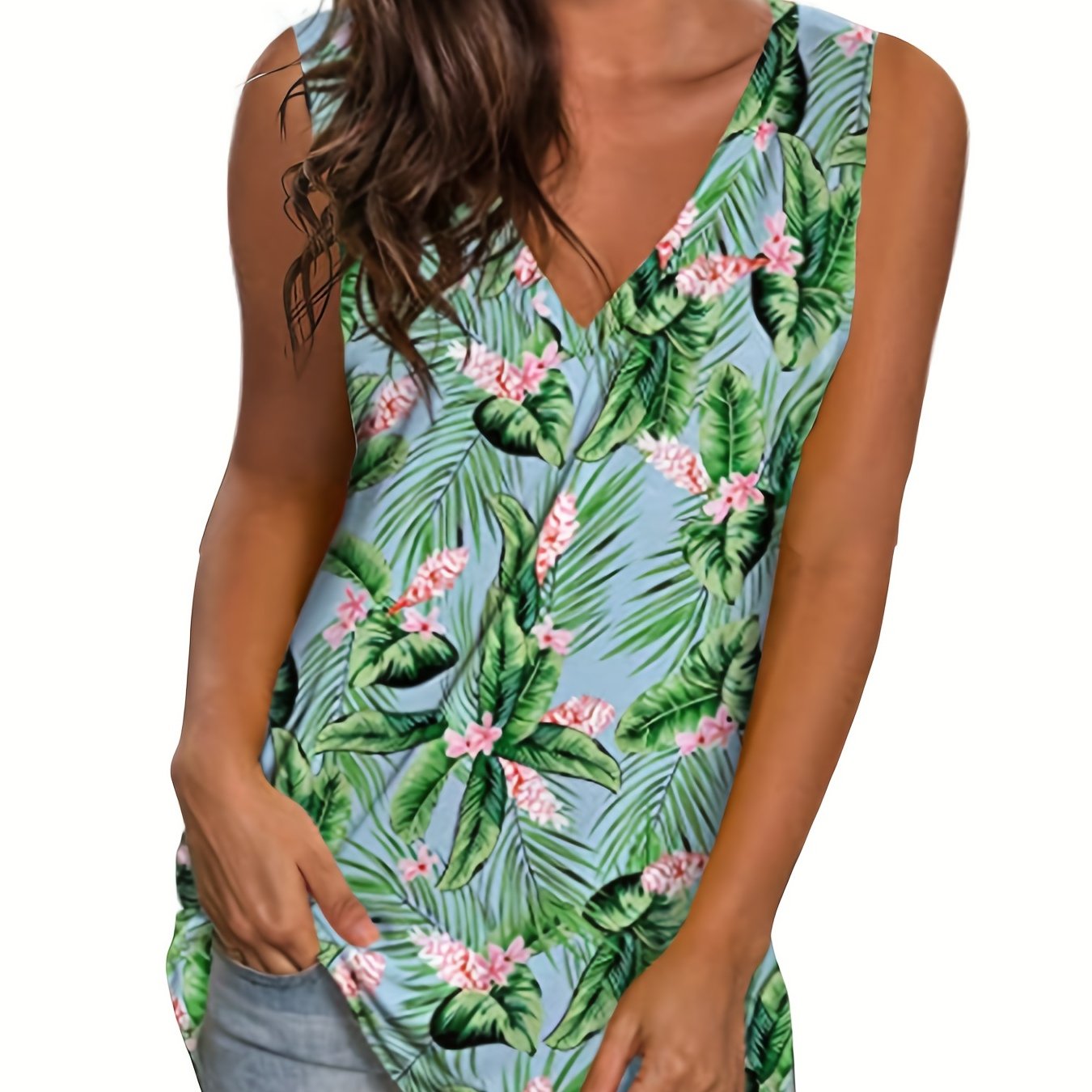 Boho Tank Top Women's Plus Tropical Print V Neck Slight Stretch