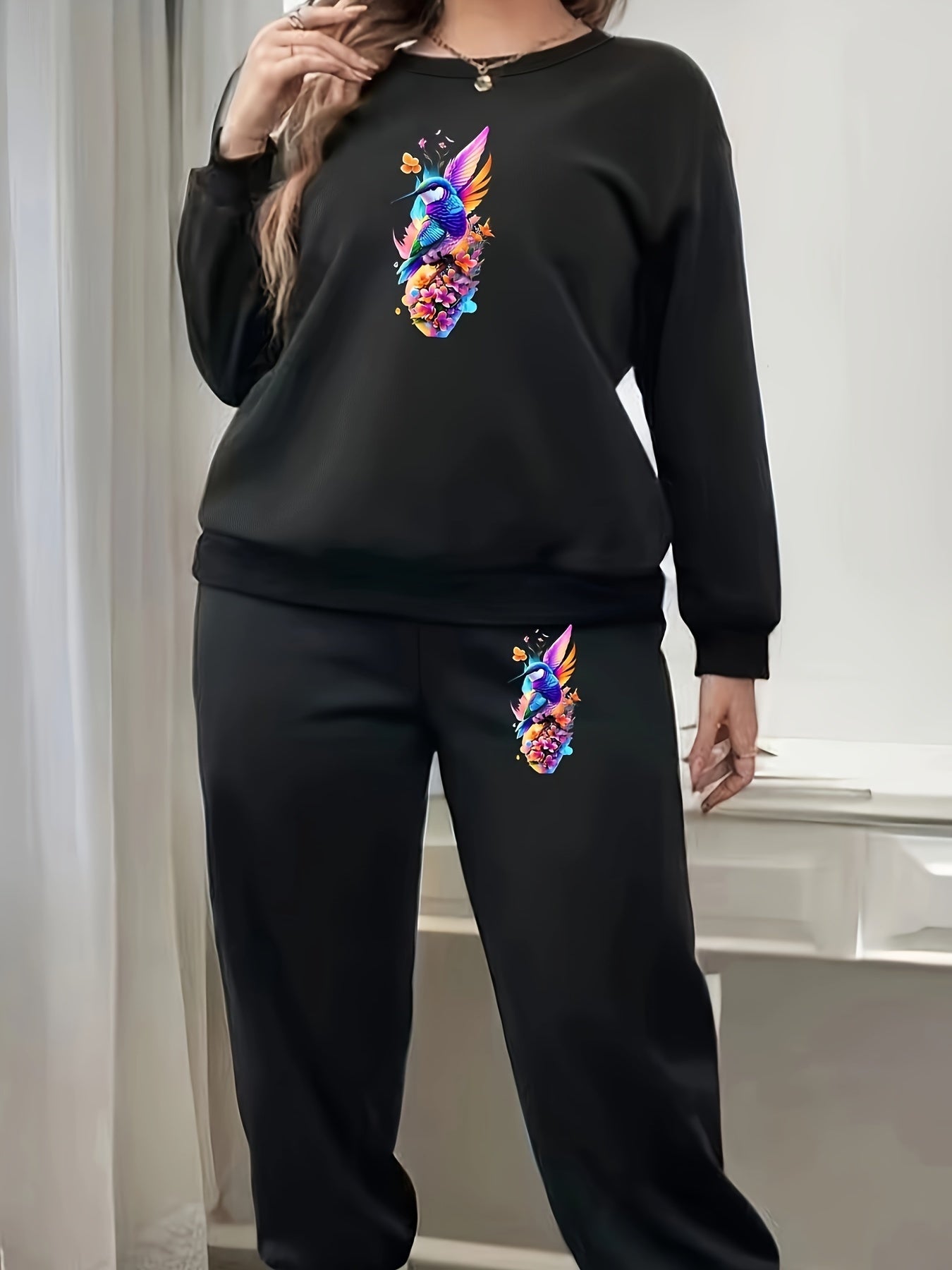 Women's Plus Floral Fish & Bird Print Fleece Pullover Top & Joggers Set