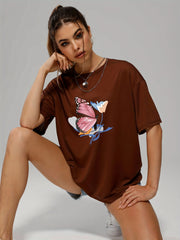Butterfly & Flower Print Summer T-shirt for Women