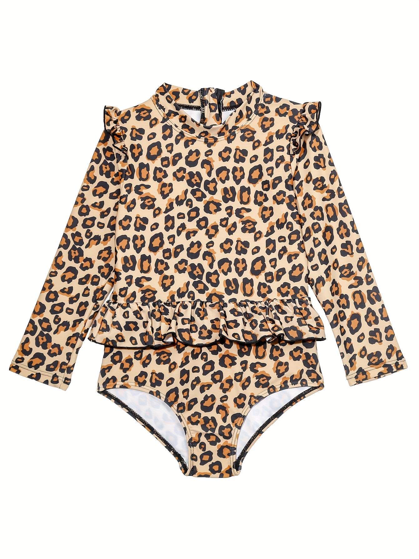 Leopard Print Flutter Trim Long Sleeve 1 piece Swimsuit Girls