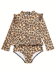 Leopard Print Flutter Trim Long Sleeve 1 piece Swimsuit Girls