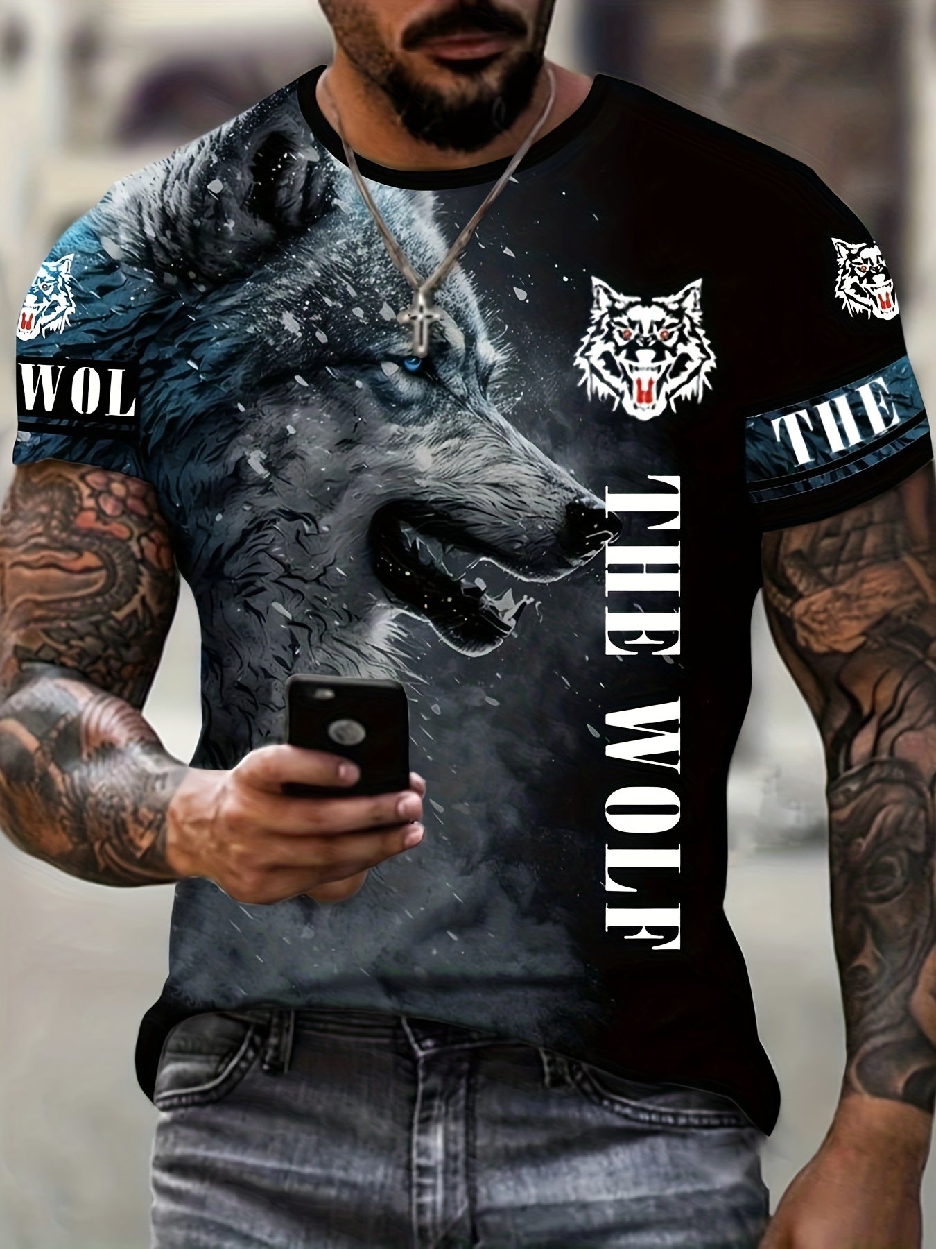 Dragon & Wolf Print Men's Crew Neck T-shirt for Summer