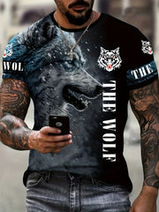 Dragon & Wolf Print Men's Crew Neck T-shirt for Summer
