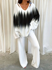 Graphic Print Long Sleeve Top & Loose Pants Outfit Set