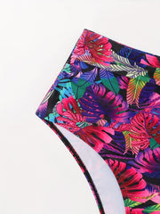 Sexy Bikini Set: Solid V Neck Ruffle Bra & Tropical Print Ruched Panty