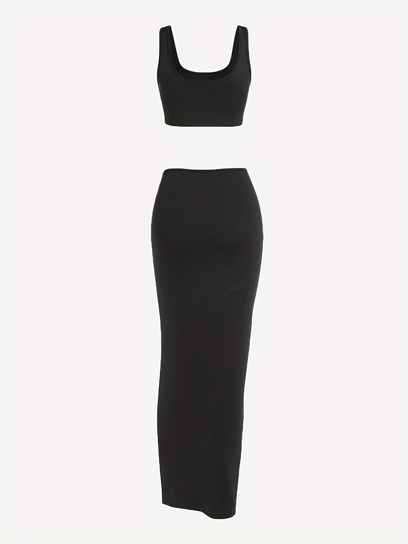 Y2K Solid Slim Two Piece Skirt Set Crop Tank Top & Side Drawstring Split Skirt