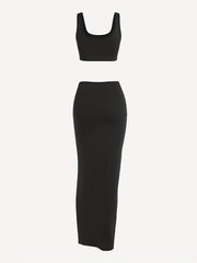 Y2K Solid Slim Two Piece Skirt Set Crop Tank Top & Side Drawstring Split Skirt