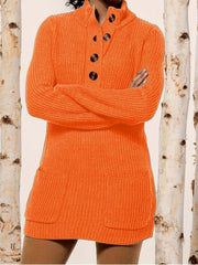 Retro Sweater Dress Women's Plus Solid Long Sleeve Polo Neck