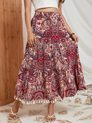Ethnic Print Tassel Decor Skirt Elastic Waist Swing Skirt