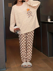 Cartoon Print Pajama Set Crew Neck Top & Plaid Pants