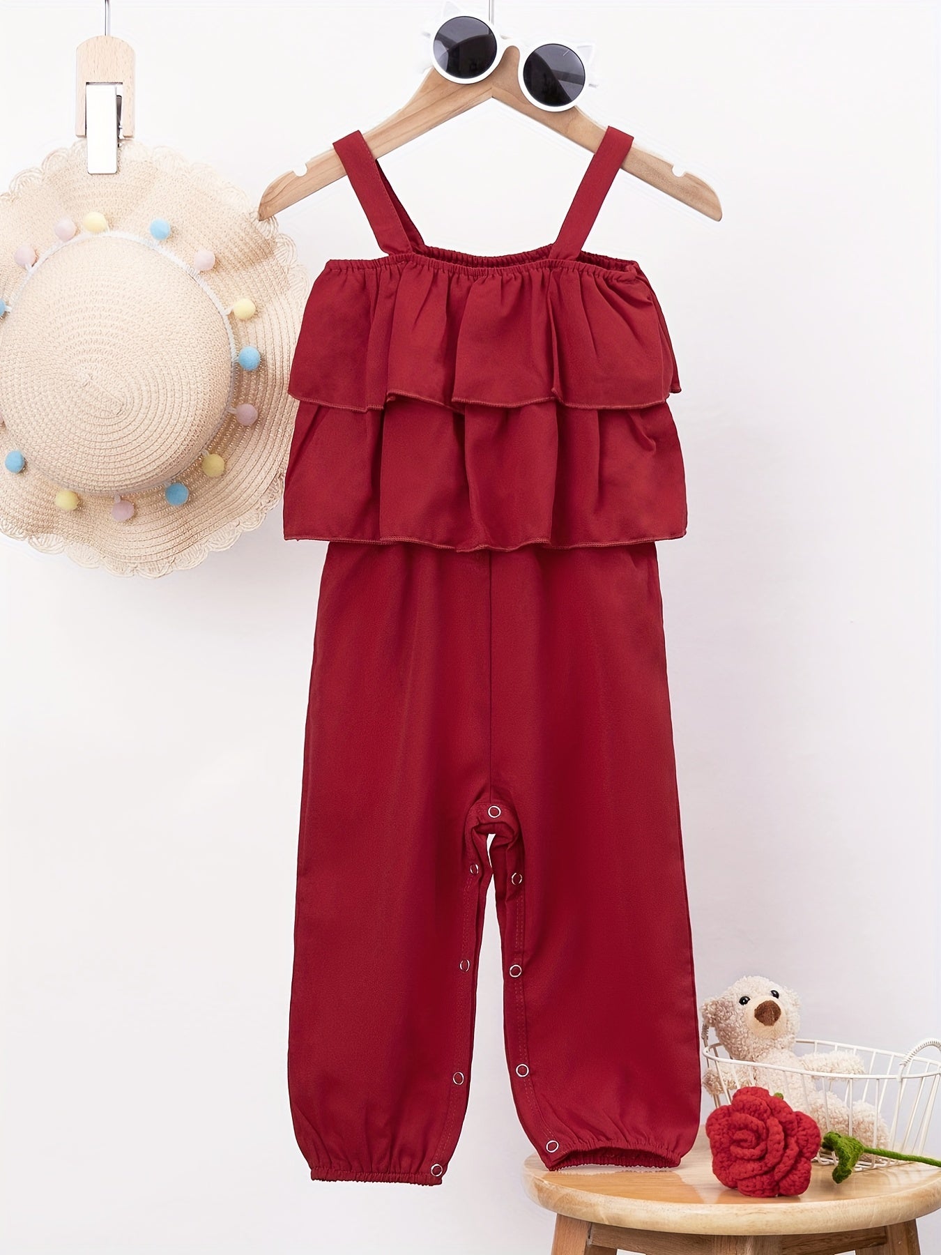 Layered Ruffle Trim Off Shoulder Baby Girls Cami Jumpsuit
