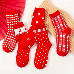 5 Pairs Polka Dot & Plaid Socks Comfy & Breathable Christmas Stockings