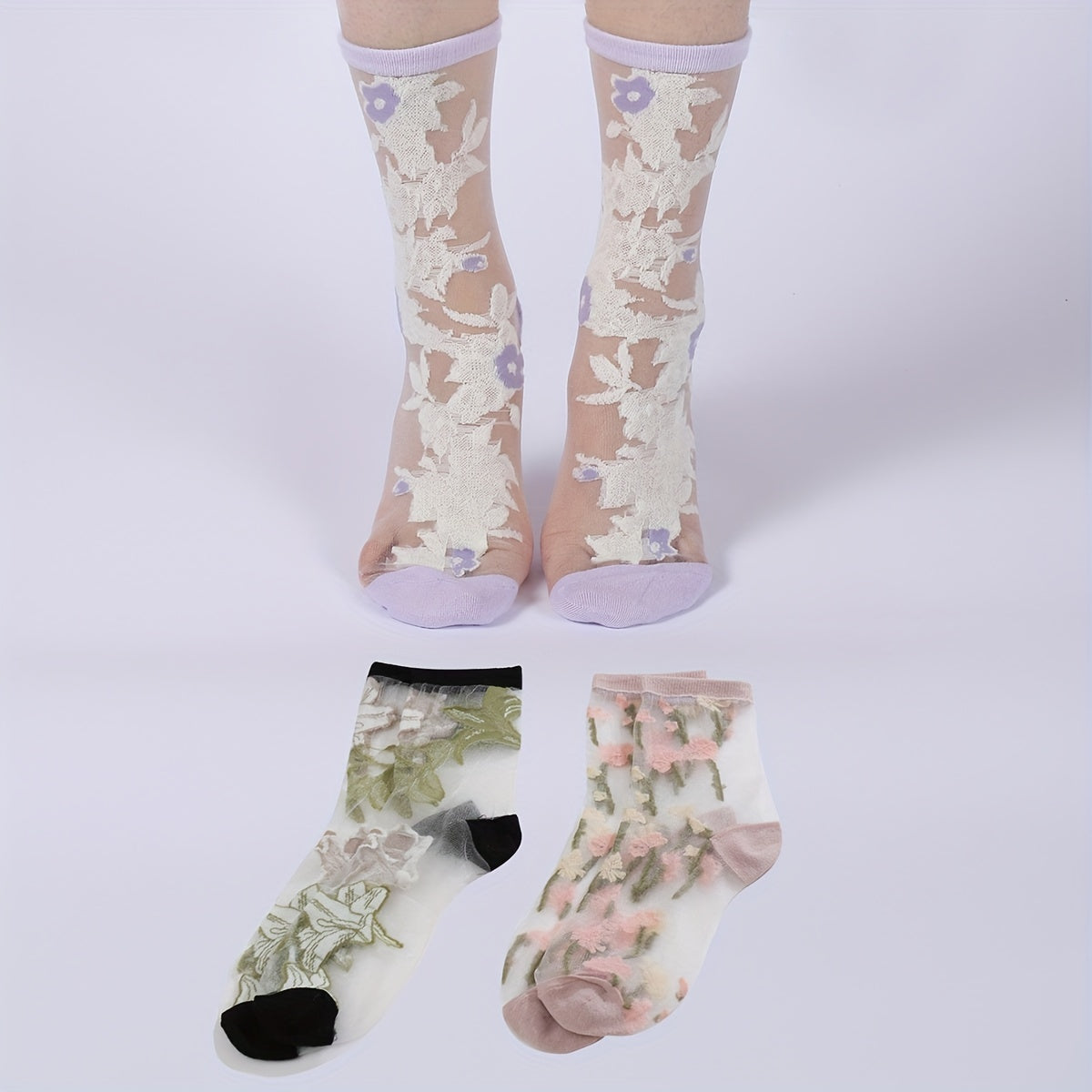 3 Pairs Floral Mesh Socks Ultra Thin Women's Stockings