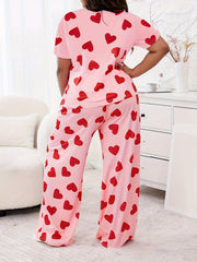 Heart Print Lounge Set Women's Plus Pajamas 2 Piece Set