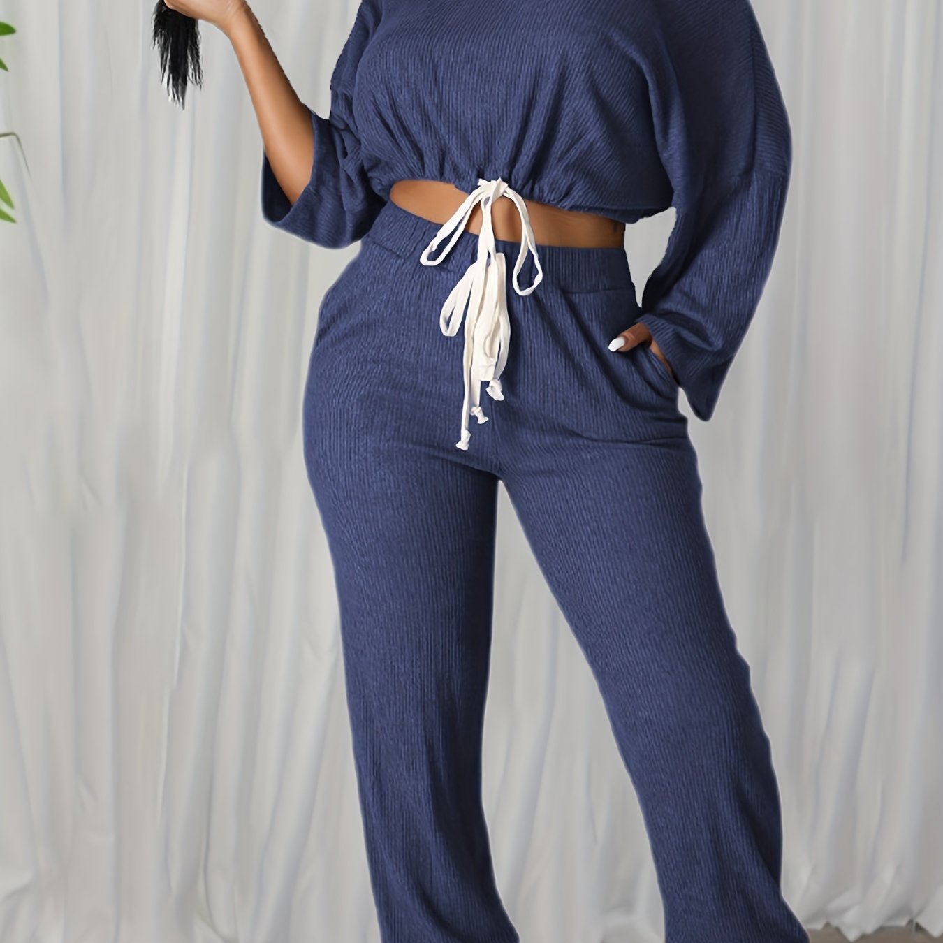 Solid Ribbed Long Sleeve One Shoulder Crop Top & Tapered Leg Pants Set