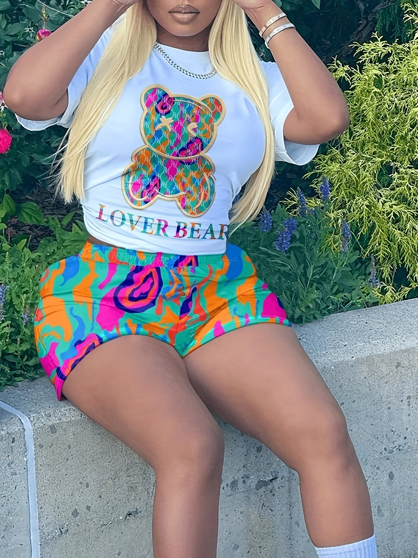 Cartoon Bear & Letter Print Crop Top & Shorts Set