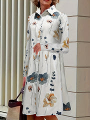 Floral Print Polo Collar Button Dress Casual Long Sleeve Dress