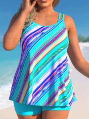 Vacay Tankini Set Women's Plus Stripe Print Split Strap Tank Top & Sho