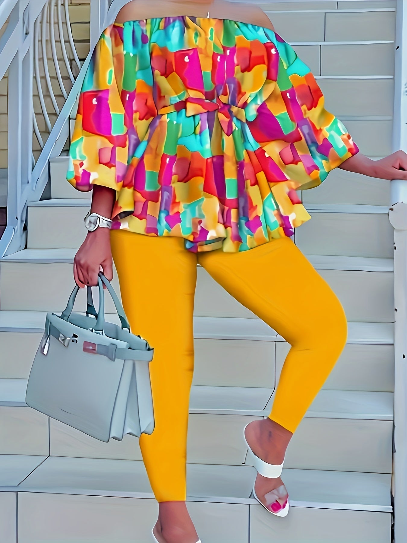 Women's Plus Painting Print Off Shoulder Top & Leggings Set