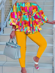 Women's Plus Painting Print Off Shoulder Top & Leggings Set
