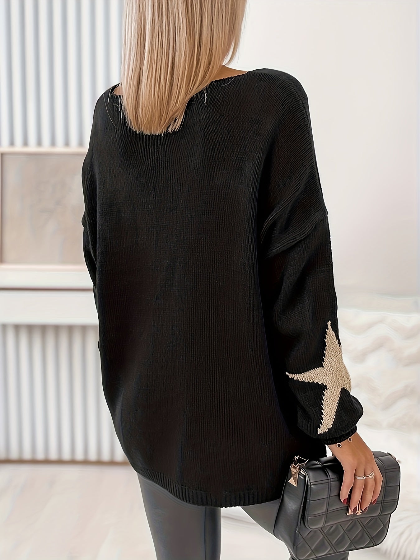 Star Print V Neck Sweater Long Sleeve Jumper