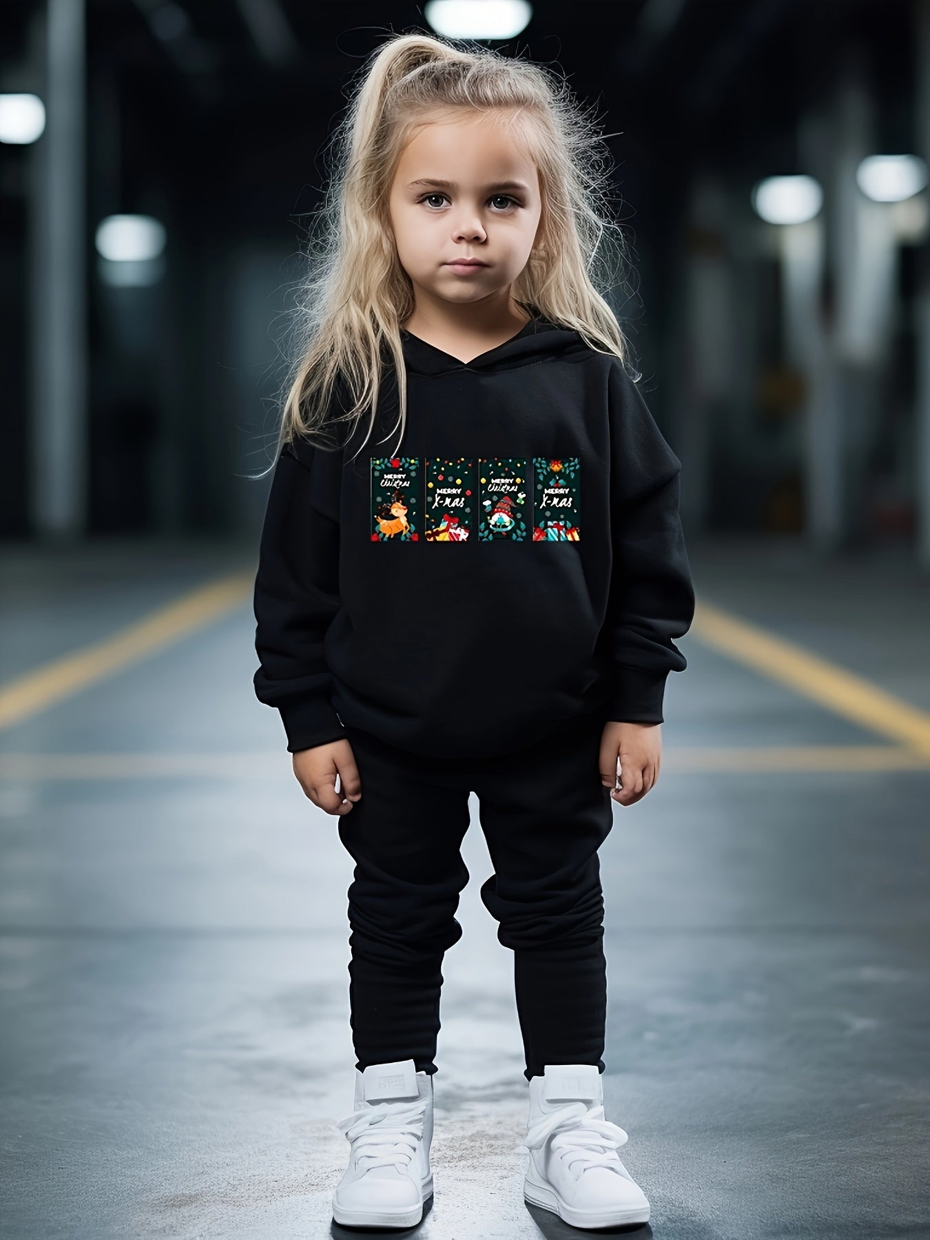 Girls Christmas Scene Print Hooded Sweatshirt Top Sweatpants Set