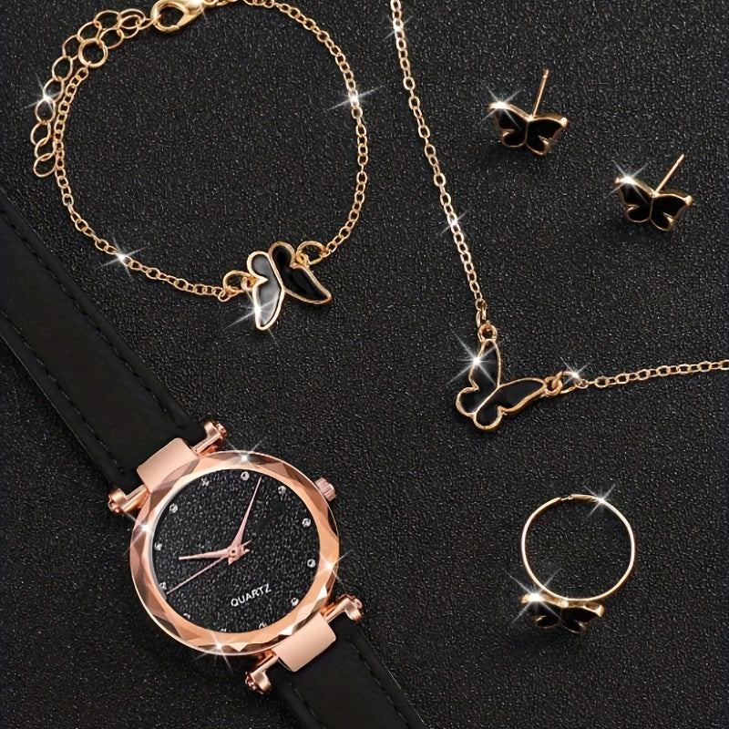 Women's PVC Strap Round Dial Watch & Jewelry Set for Daily Life