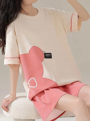 Bear Print Pajama Set Short Sleeve Top & Shorts Women's Sleepwear