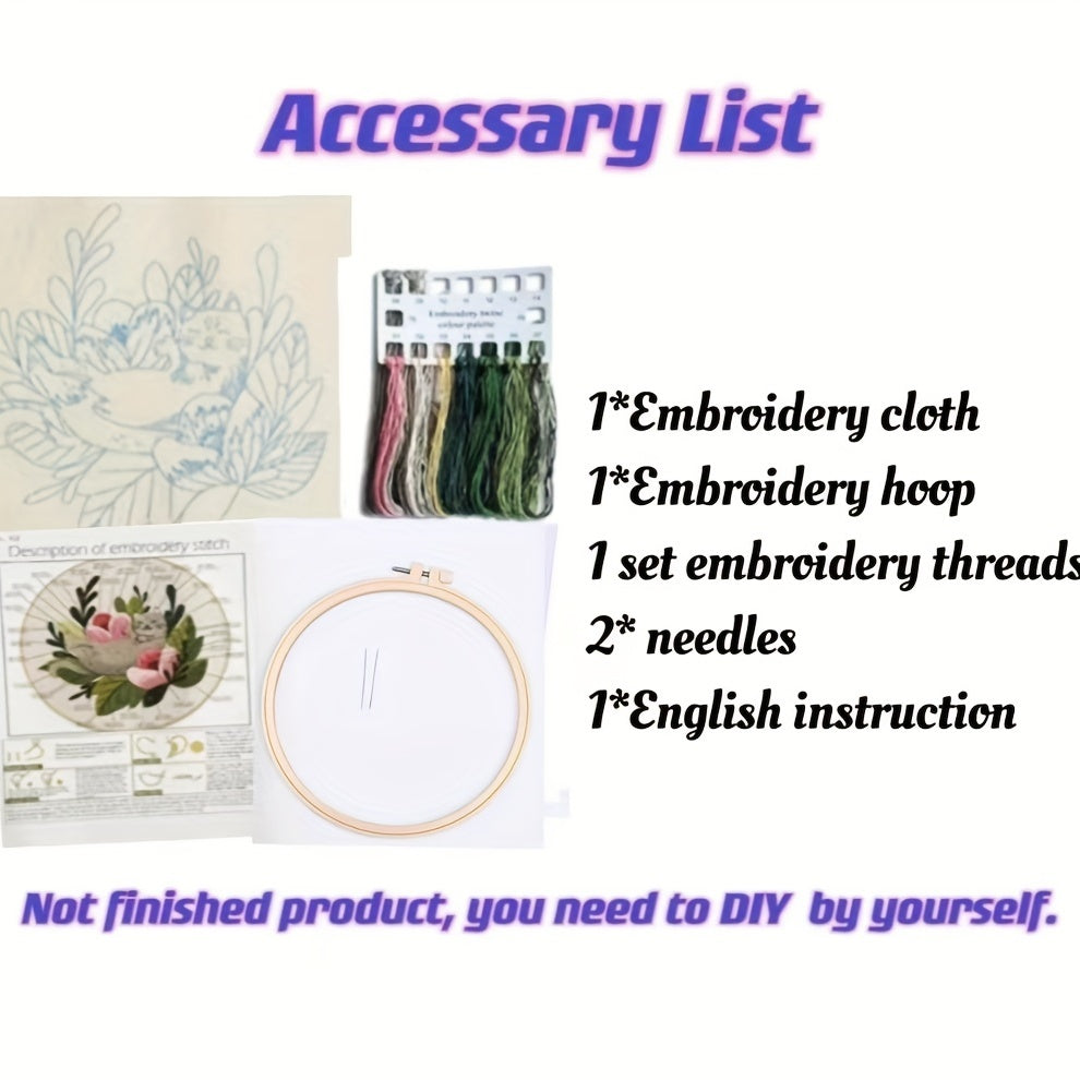 Kitten Embroidery Kit for Beginners - Includes Cloth, Hoop, Needles