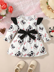 Baby Girls Bear Print Flying Sleeve Dress with Belt