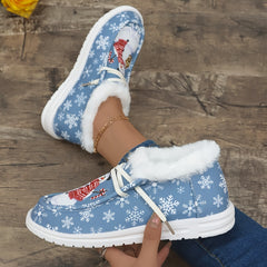 Women's Winter Snow Boots Snowmen Snowflakes Plus Plush Lace-up Flat Skateboa
