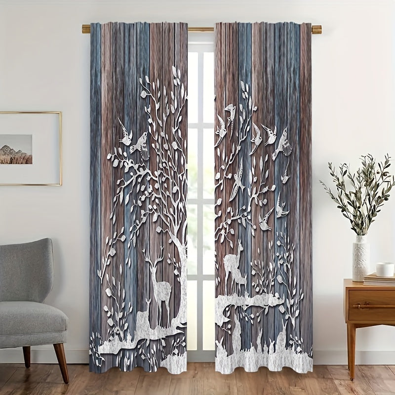 Elk & Wood Plank Trees Pattern Curtains Rod Pocket Semi Blackout Window Curtains