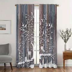 Elk & Wood Plank Trees Pattern Curtains Rod Pocket Semi Blackout Window Curtains