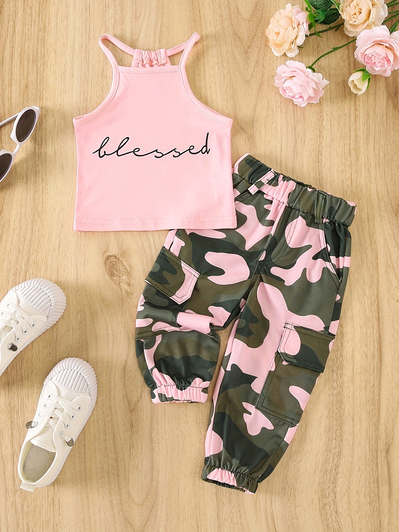 Girls Letter Halter Top & Camouflage Cargo Pant Set Summer Clothes