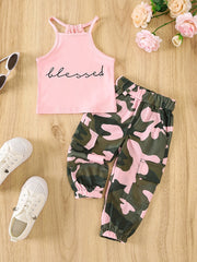 Girls Letter Halter Top & Camouflage Cargo Pant Set Summer Clothes