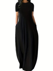 Solid Round Neck Loose Maxi Dress With Pocket Women's Plus