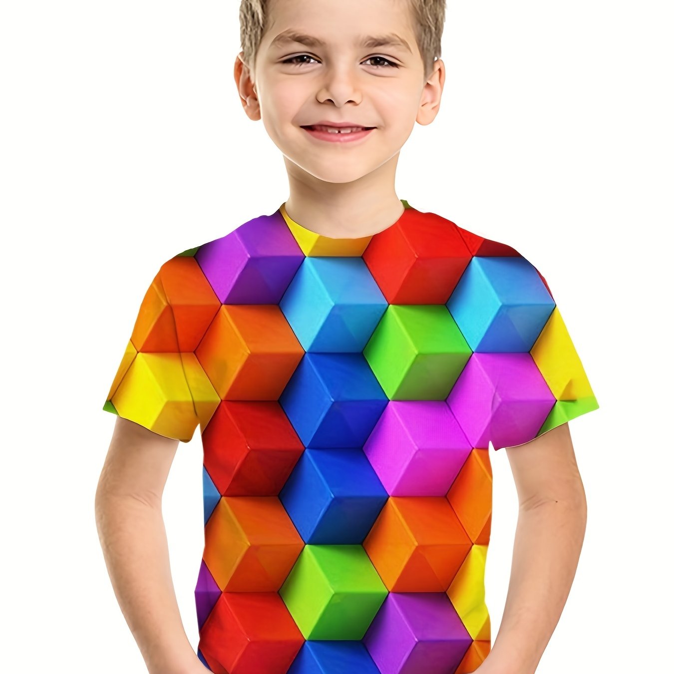 Boys 3D Cube Graphic T Shirt Active Stretchy Perfect Summer Outing