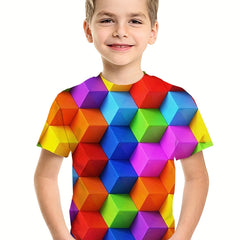 Boys 3D Cube Graphic T Shirt Active Stretchy Perfect Summer Outing