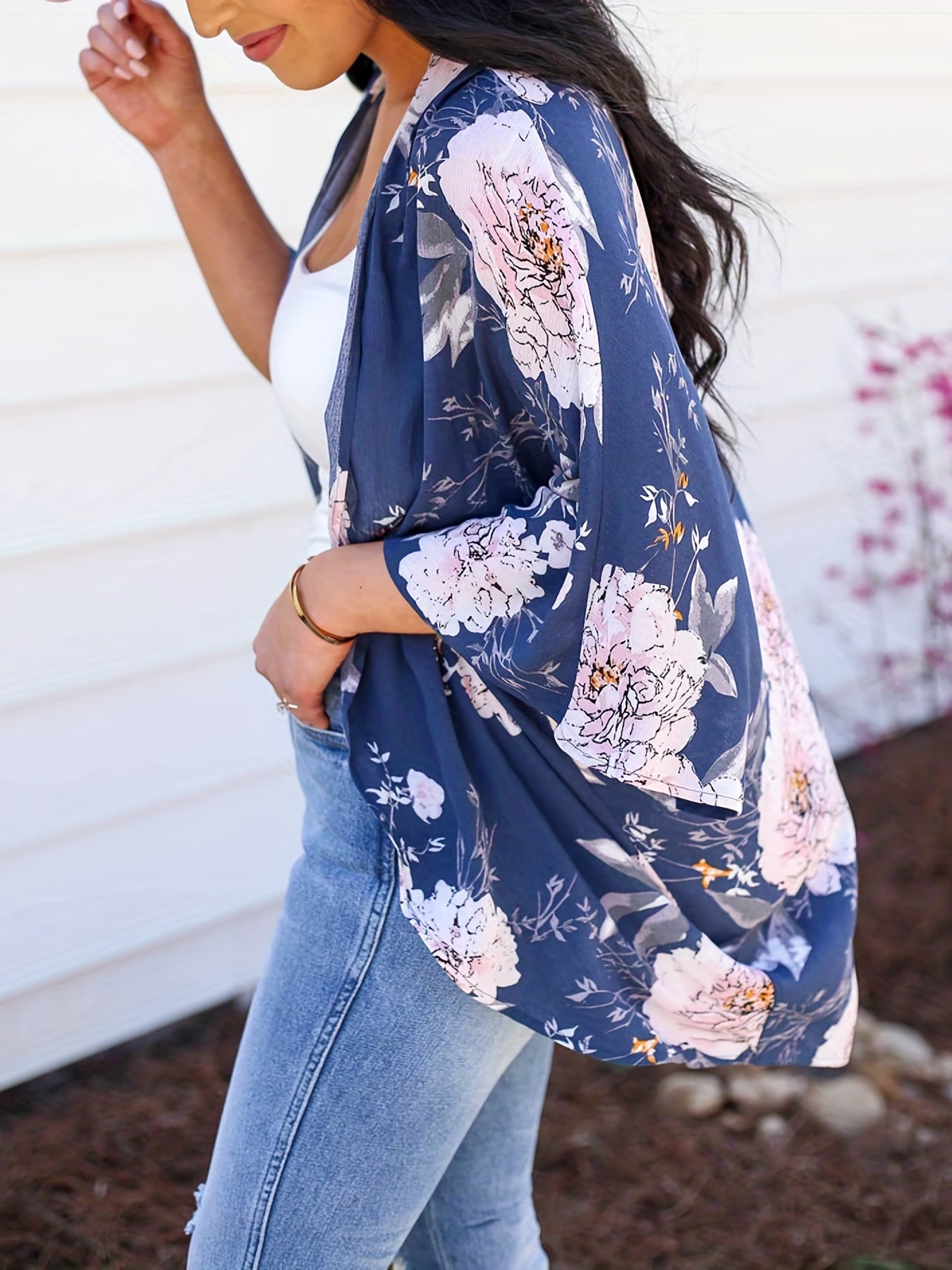 Floral Print V Neck Cover Up Shirt Loose Fit Non Stretch Half Sleeves Cardigan