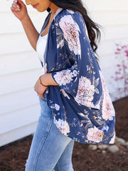 Floral Print V Neck Cover Up Shirt Loose Fit Non Stretch Half Sleeves Cardigan