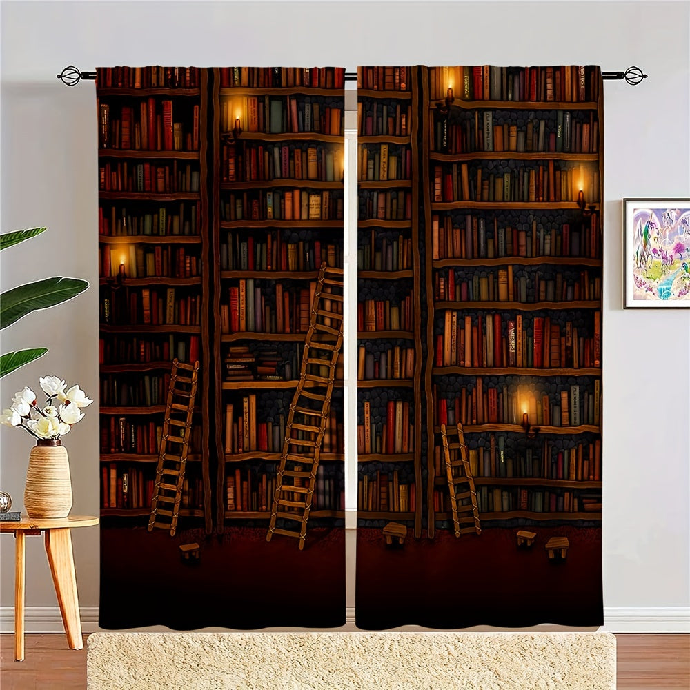2panel Retro Library Printed Window Curtain Rod Pocket Semi Blackout Curtains
